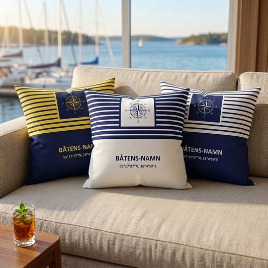 Hemmahamn - Personligt kuddfodral (blå-vit)