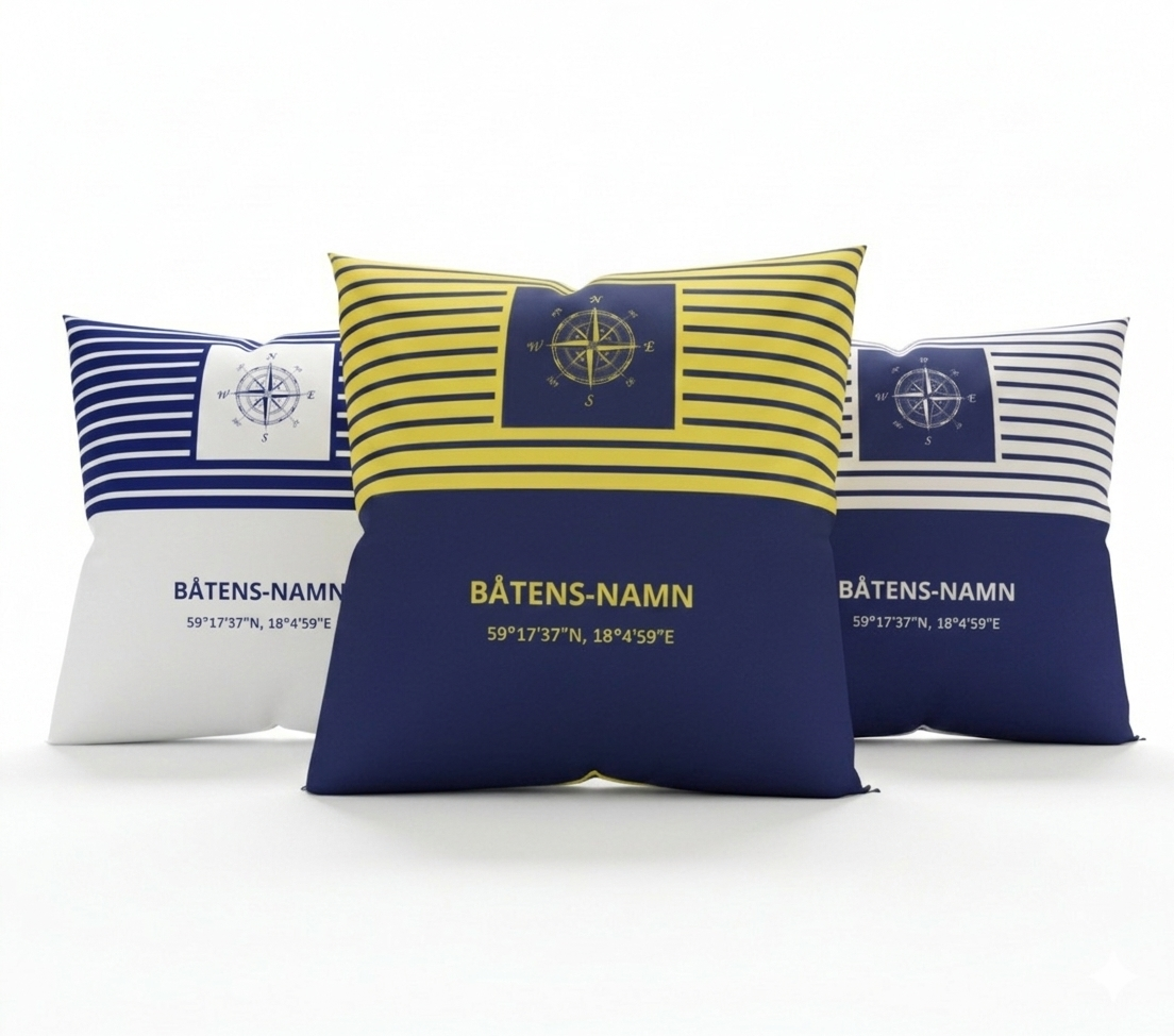 Hemmahamn - Personligt kuddfodral (blå-vit)